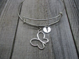 Silver Butterfly Charm Bracelet Personalized  Initial Bangle Bracelet  Adjustable Butterfly  Jewelry Insect Gift