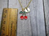 Gold Cherries Necklace Customized Hand Stamped Letter Initial Cherry Fruit Jewelry Food Lover Gifts For Her