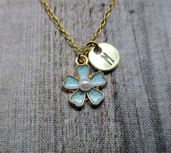 Gold Flower Necklace Customized Hand Stamped Letter Initial Blue Cherry Blossom Jewelry Floral Lover Gifts For Her