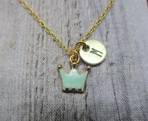 Gold Crown Necklace Customized Hand Stamped Letter Initial Green Crown  Jewelry Mom Gifts For Her