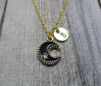Gold Moon and Star Necklace Personalized Letter Initial Black Moon Jewelry Nocturnal Lover Gifts For Her