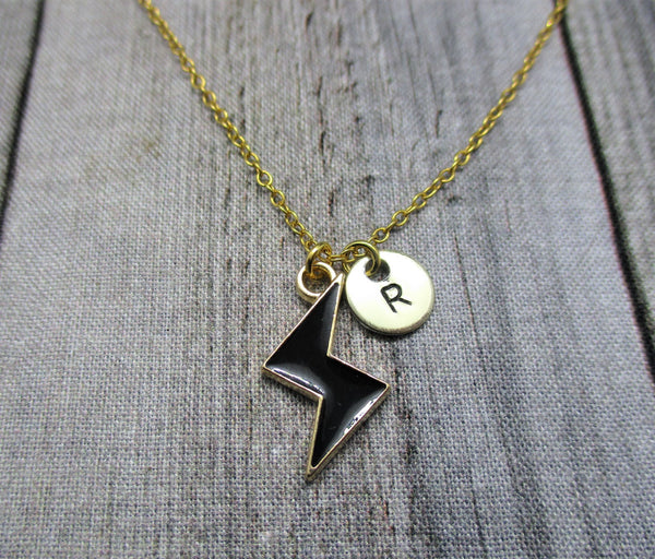 Gold Lightning Bolt Necklace Black Lightning Necklace Customized Hand Stamped Letter Initial Storm Jewelry Kawaii Girlfriend Gifts For Her