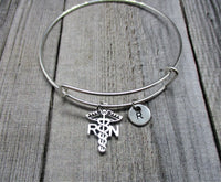 RN Charm Bracelet Bangle Bracelet Caduceus Bracelet Hand Stamped Initial Bangle Bracelet Nurse Jewelry Gifts for Her Nurses Gift Birthday