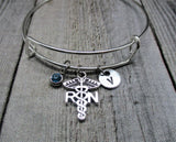 Caduceus Charm Bracelet W/ Birthstone Hand Stamped Initial Bangle Bracelet Nurse Jewelry Gift for Her Birthday Gift For Rn Bracelet
