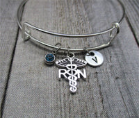 Caduceus Charm Bracelet W/ Birthstone Hand Stamped Initial Bangle Bracelet Nurse Jewelry Gift for Her Birthday Gift For Rn Bracelet