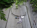 Moon Charm Bracelet W/ Birthstone  Initial Half Moon Bracelet Mystical Moon Jewelry Gift for Her Birthday Celestial