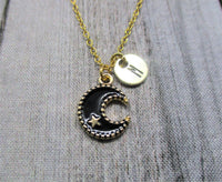 Gold Moon and Star Necklace Personalized Letter Initial Black Moon Jewelry Nocturnal Lover Gifts For Her