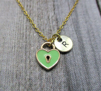 Gold Heart Lock Necklace Green Lock Necklace Personalized Letter Initial Love Jewelry Kawaii Girlfriend Gifts For Her