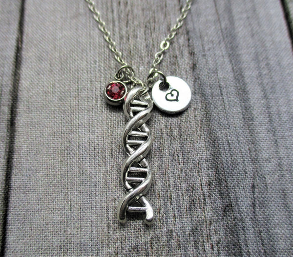 DNA Necklace W/ Birthstone  Hand Stamped Initial Science Necklace Double Helix Necklace Biology Necklace Chemistry Necklace DNA Jewelry