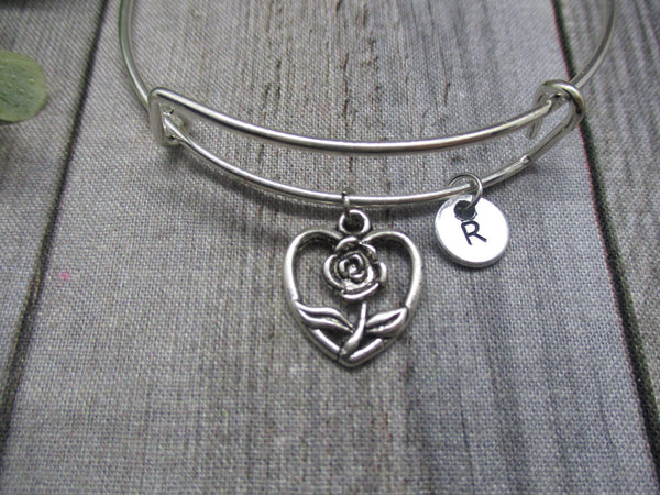 Rose Charm Bracelet Personalized Initial Bangle Heart Jewelry Gifts for Her  Bracelet Rose Jewerly