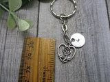 Heart Keychain Girls Gift Hand Stamped Inital Key Ring  Rose Keychain