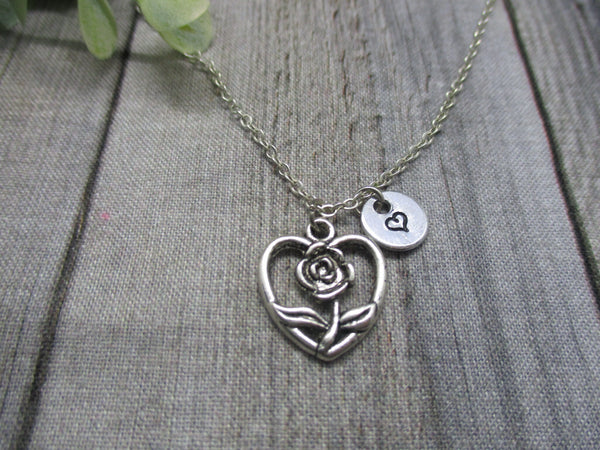 Rose Necklace Personalized Heart Necklace Heart Charm Necklace Letter Initial Heart Jewelry  Gifts For Her Mom Rose Jewelry