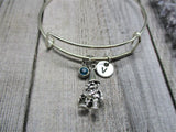 Gnome Charm Bracelet W/ Birthstone Hand Stamped Initial Bangle Bracelet Gnome Jewelry Gift for Her Birthday Gift For Fantasy  Lovers