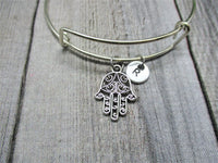 Hamsa Bangle Bracelet Hamsa Hand Bracelet Hand Stamped Initial Bangle Bracelet Hamsa Jewelry Gifts for Her Hand Of God