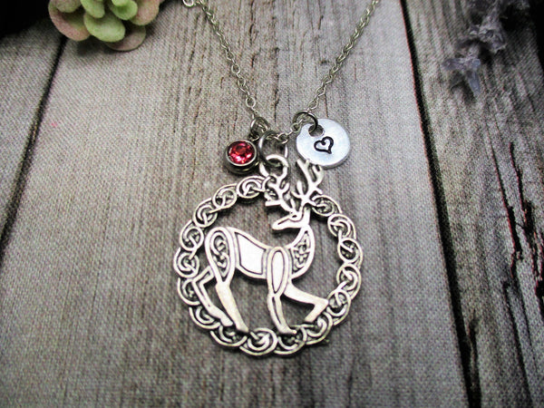 Celtic Deer Necklace W/ Birthstone Hand Stamped Initial Celtic Knot Necklace Celtic Deer Jewelry