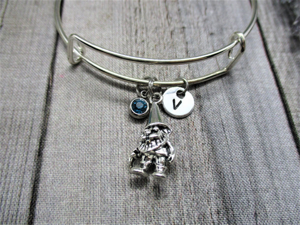 Gnome Charm Bracelet W/ Birthstone Hand Stamped Initial Bangle Bracelet Gnome Jewelry Gift for Her Birthday Gift For Fantasy  Lovers