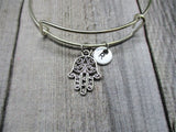 Hamsa Bangle Bracelet Hamsa Hand Bracelet Hand Stamped Initial Bangle Bracelet Hamsa Jewelry Gifts for Her Hand Of God