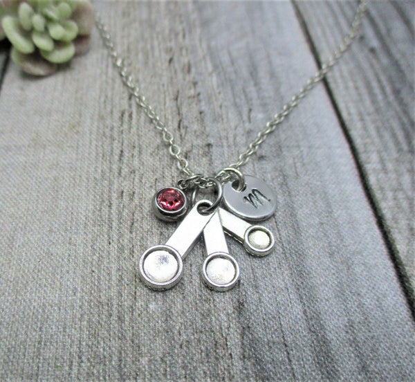 Measuring Spoons Necklace Bakers Necklace Measuring Spoons Jewelry W/ Birthstone Initial Necklace Birthday Gifts For Her