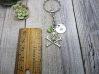 Skull And Crossbones Keychain Initial Keychain Personalized Gifts Birthstone Skull Keychain Pirate Gifts For Her / Him Pirate Keychain
