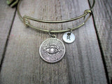 Eye Charm Bracelet  Hand Stamped Initial Bangle Bracelet Eye Jewelry Gifts for Her