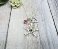 Skull Necklace Skull and Crossbones Necklace Skull Jewelry W/ Birthstone Initial Necklace Birthday Gifts For Her Pirate Necklace