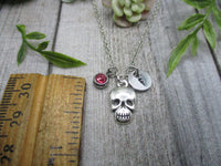 Skull Necklace Skull Jewelry W/ Birthstone Initial Personalized Gifts For Her