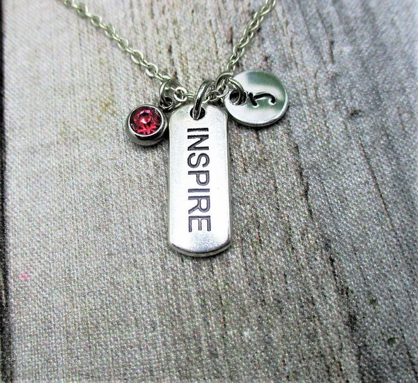 Inspire Necklace W/ Birthstone Hand Stamped Initial  Inspire Jewelry  Gifts For Her Empowering Words Necklace