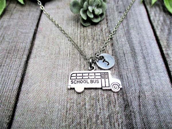 School Bus Necklace Personalized School Bus Jewelry Letter Initial Necklace Gifts For Her School Bus Charm Necklace