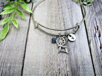 Spinning Wheel Charm Bracelet W/ Birthstone Initial Bangle Bracelet Yarn Jewelry Gift for Her Birthday Gift For Yarn Lovers