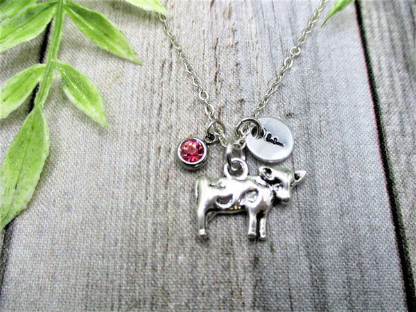 Cow Necklace Animal Necklace Customized Letter Initial Gift for Her Farm Jewelry Birth Month Birthstone