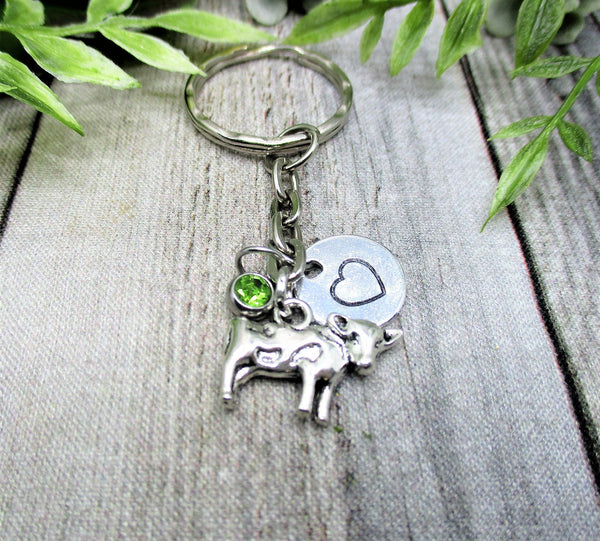 Cow Keychain Initial Keychain Personalized Gifts Birthstone Animal Keychain Gifts For Her Farm Keychain
