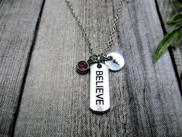 Believe Necklace W/ Birthstone Hand Stamped Initial Insprtation Jewelry Gifts For Her Word Necklace Believe Jewelry Believe Charm Necklace