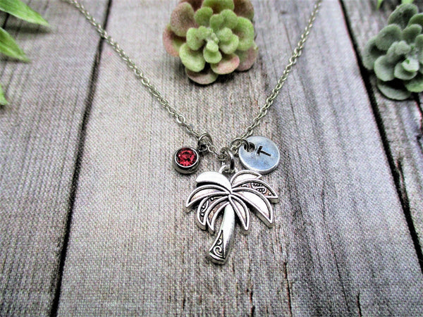Palm Tree Necklace Plant Charm Necklace W/ Birthstone Personalized Initial Palm Tree Jewelry Birthday Gifts For Her