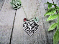 Butterfly Necklace Heart Charm Necklace Heart Jewelry W/ Birthstone Initial Necklace Birthday Gifts For Her Butterfly Lovers Gifts