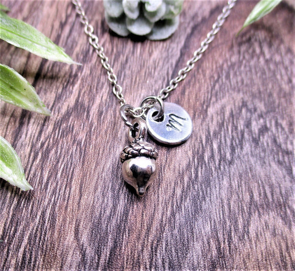 Acorn Necklace Customized Hand Stamped Letter Initial Gifts For Her Plant Necklace Acorn Jewelry Fairycore Cottagecore