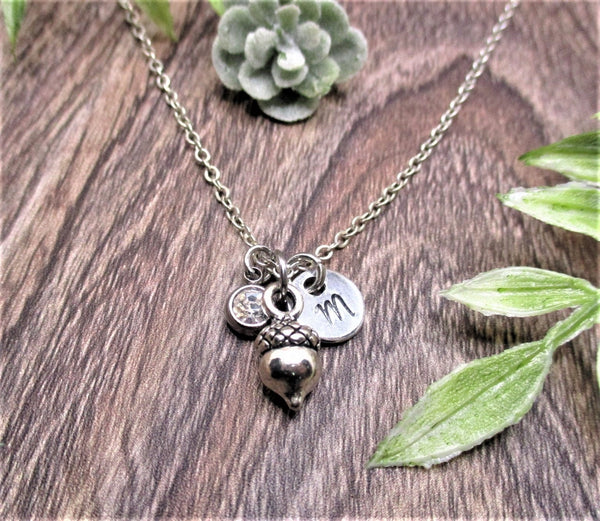 Acorn Necklace Acorn Charm Necklace W/ Birthstone Hand Stamped Initial  Acorn Jewelry Birthday Gifts For Her Tree Lovers Gift Fairycore