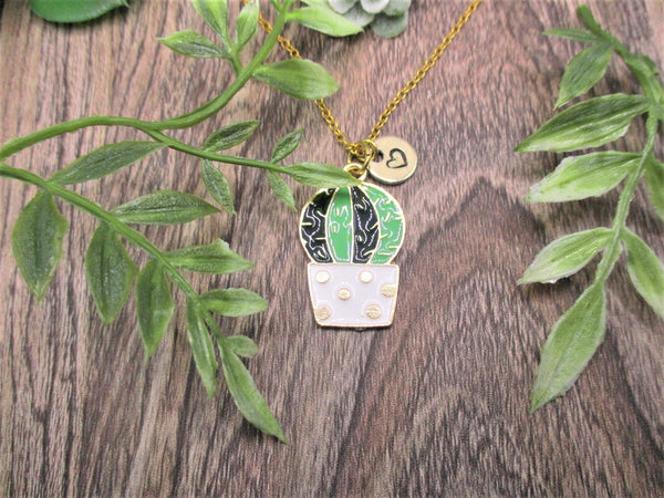 Gold Cactus Necklace Customized Hand Stamped Letter Initial Potted Cactus Jewelry Kawaii Plant  Gifts For Her