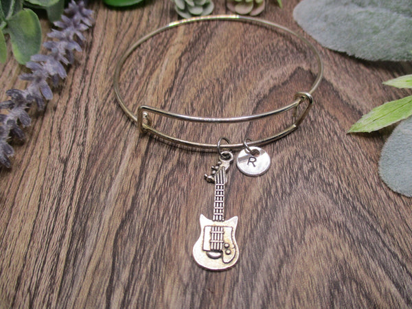 Guitar Charm Bracelet Personalized Initial Bangle Guitar Jewelry Gifts for Her Guitar Bracelet Music Lovers