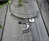 Moon Charm Bracelet W/ Birthstone  Initial Half Moon Bracelet Mystical Moon Jewelry Gift for Her Birthday Celestial