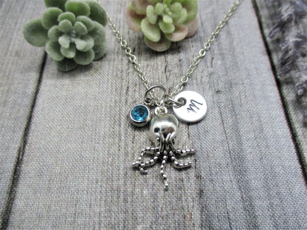 Octopus Necklace Beach Necklace Personalized Initial  Octopus Lovers Gift for Her Ocean Jewelry Birth Month Birthstone