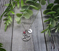 Pentacle Necklace W/ Birthstone  Initial Moon and Star Necklace Personalized Gifts For Her