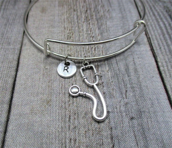 Stethoscope Bangle Bracelet Personalized Initial Stethoscope Jewelry Gifts for Her Nurses Gift Birthday Gift For Med Student