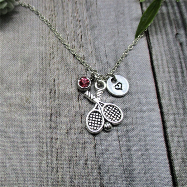 Tennis Racket Necklace W/ Birthstone Hand Stamped Initial Tennis Jewelry  Gifts For Her Sports Jewelry Sports Necklace