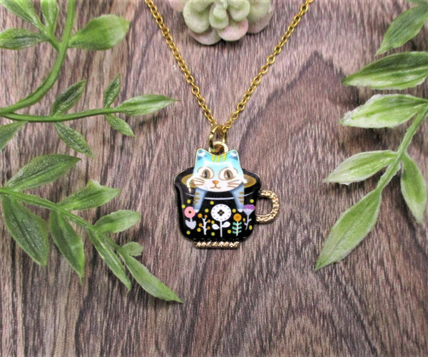Cat in Cup Necklace Cat Necklace Cat Jewelry Colorful Enamel Gold Necklace Pet Lover Gifts