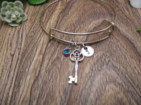 Key Charm Bracelet W/ Birthstone Bracelet  Initial Bracelet Personalized Gifts For Girlfriend Best Friend Skeleton Key Jewelry Gift for Her