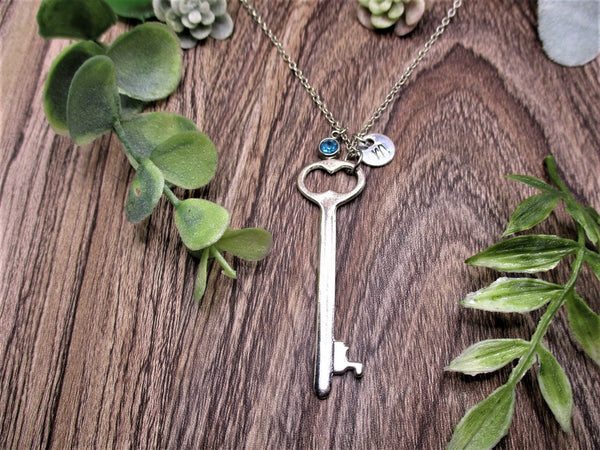 Large Key Necklace W/ Birthstone Necklace Personalized Gifts Skeleton Key Jewelry Gifts For Her Best Friend Gifts Gifts For Mom Gifts