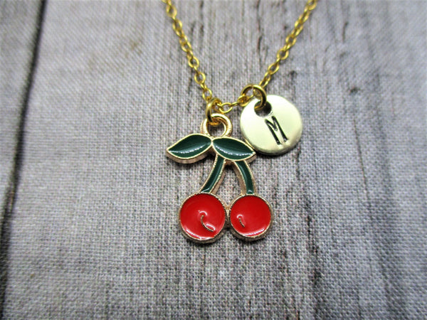 Gold Cherries Necklace Customized Hand Stamped Letter Initial Cherry Fruit Jewelry Food Lover Gifts For Her