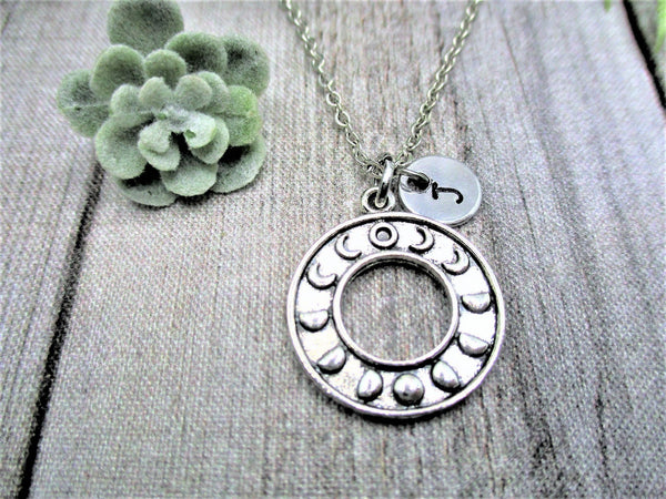 Moon Phase Necklace Personalized  Letter Initial  Moon Jewelry  Gifts For Her / Him   Moon Necklace