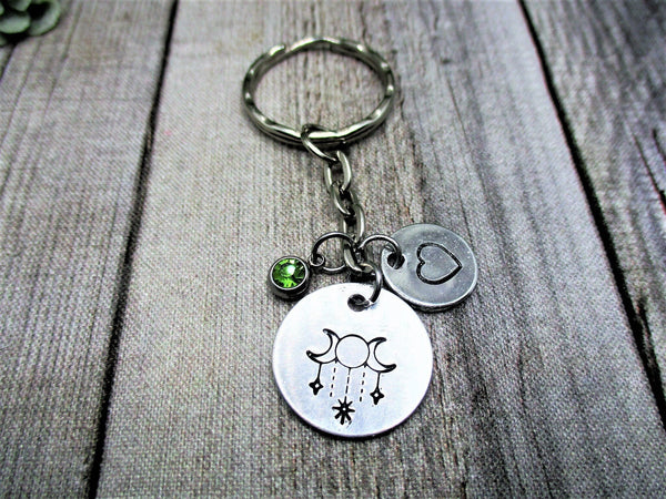 Triple Moons Keychain Personalized Handstamped Keychain Gift Custom Birthstone Keychain Gifts For Her