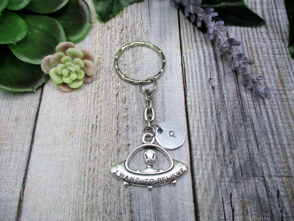UFO Keychain Personalized  Alien Keychain Gift Custom  Gifts For Her / Him Flying Saucer I Want To Believe